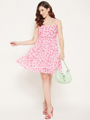BITTERLIME Women Fit and Flare Pink Knee Length Dress