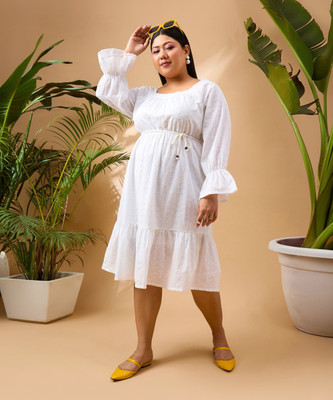 SASSAFRAS Curve Women Skater White Above Knee/Mid Thigh Length Dress