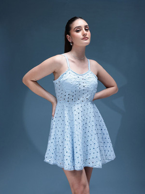 bebe Women Fit and Flare Blue Above Knee/Mid Thigh Length Dress