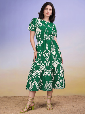 PURVAJA Women Fit and Flare Green Midi/Calf Length Dress