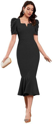 Japna Women Asymmetric Black Midi/Calf Length Dress
