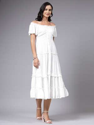 AAYU Women Fit and Flare White Midi/Calf Length Dress