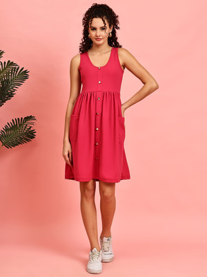 Jakanary Women Fit and Flare Pink Midi/Calf Length Dress