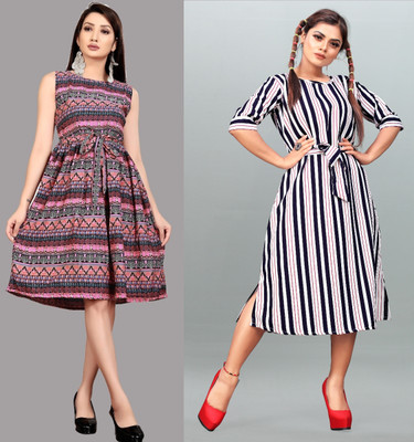 maruti fab Women Fit and Flare Multicolor Below Knee Dress