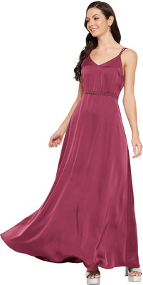MADAME Women Maxi Maroon Full Length Dress