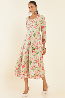 soch Women Fit and Flare Light Green, Pink Midi/Calf Length Dress