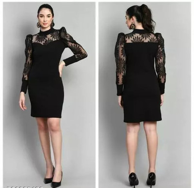 OWN FASHION CLASSIC Women Fit and Flare Black Above Knee/Mid Thigh Length Dress