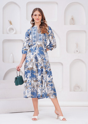 JC4U Women Pleated Multicolor Midi/Calf Length Dress