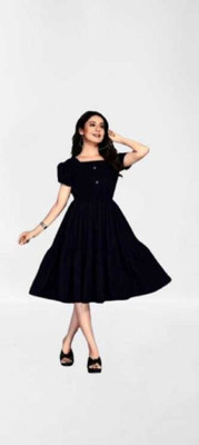 HouseOfCommon Women Fit and Flare Black Knee Length Dress