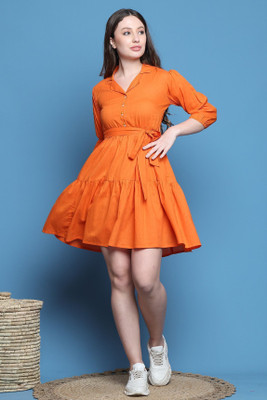 Wonder Weave Women A-line Orange Above Knee/Mid Thigh Length Dress