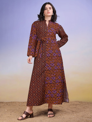 PURVAJA Women A-line Brown Maxi/Full Length Dress