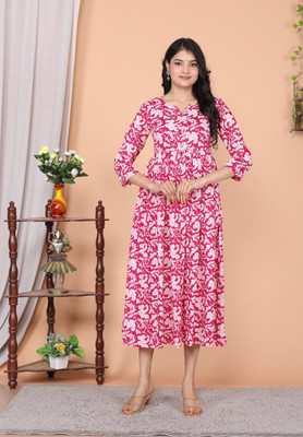 Labastra Women Fit and Flare Pink Below Knee Dress