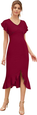 Dhruvil Impex Women Fit and Flare Maroon Below Knee Dress