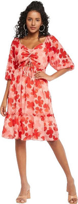 nHka Women Fit and Flare Red, Pink Knee Length Dress