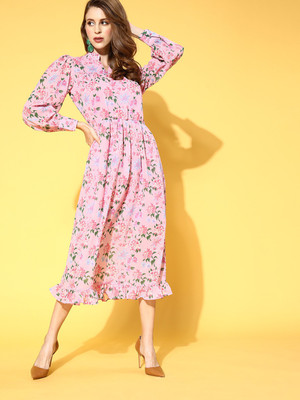 PLUSS Women A-line Pink Midi/Calf Length Dress