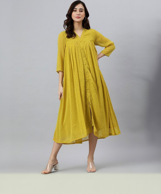 Janasya Women A-line Gold Midi/Calf Length Dress