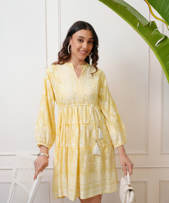 Vishudh Women Fit and Flare Yellow Mini/Short Dress