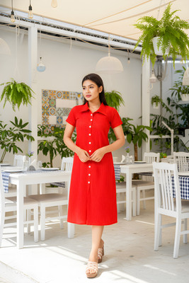 Mayaavi Women A-line Red Midi/Calf Length Dress