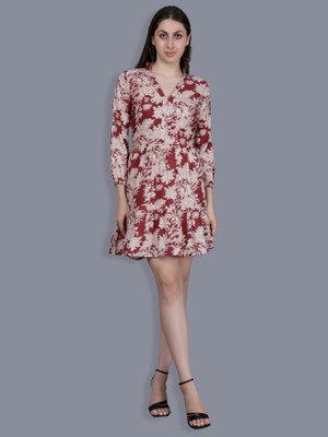 KISROLI Women A-line Maroon Above Knee/Mid Thigh Length Dress