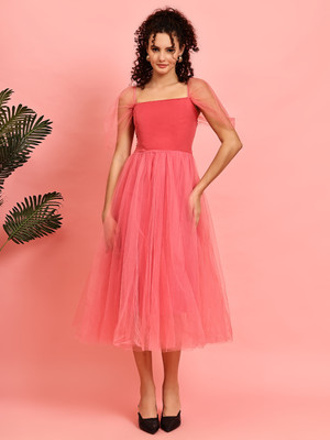 Jakanary Women Fit and Flare Pink Maxi/Full Length Dress