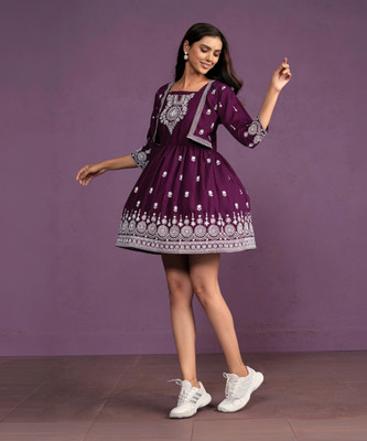 Youthnic Women Fit and Flare Purple Above Knee/Mid Thigh Length Dress