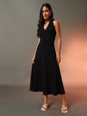 METRONAUT Women Fit and Flare Black Maxi/Full Length Dress