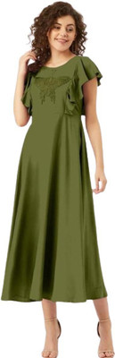ladik way Women A-line Green Midi/Calf Length Dress
