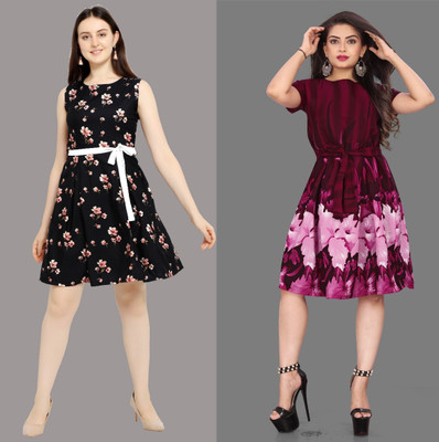 Hiral Creation Women Fit and Flare Black Knee Length Dress