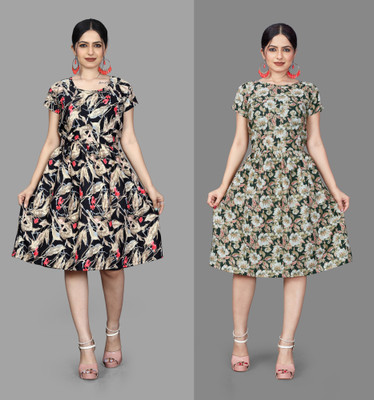 MAHADEV Women Fit and Flare Multicolor Knee Length Dress