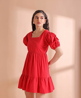 The Indian Garage Co. -Freehand Women Fit and Flare Red Above Knee/Mid Thigh Length Dress