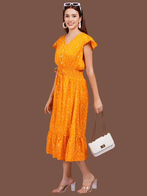 JC4U Women Fit and Flare Yellow Midi/Calf Length Dress