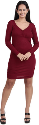 DESIGN PLUS FASHION Women Bodycon Maroon Above Knee/Mid Thigh Length Dress