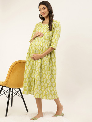 Negen Women Gathered Light Green Midi/Calf Length Dress