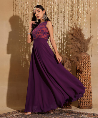 Miss Chase Women Fit and Flare Purple Maxi/Full Length Dress