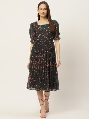 Moda Rapido Women A-line Black, Pink Below Knee Dress