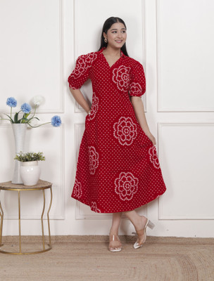 ANGIYA Women A-line Red Midi/Calf Length Dress