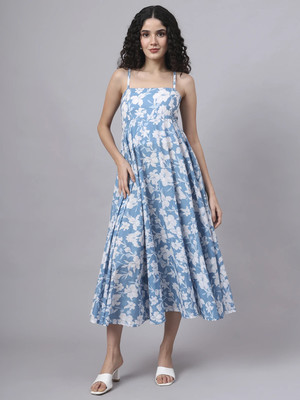 DIVENA Women Fit and Flare Blue Below Knee Dress