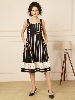 Ranng Label Women A-line Black Midi/Calf Length Dress