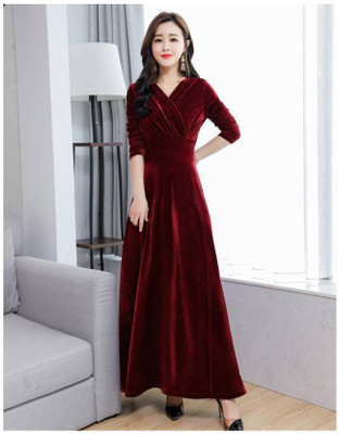 Emeros Women Fit and Flare Maroon Maxi/Full Length Dress