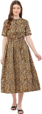 Hunoor Women Fit and Flare Yellow Below Knee Dress