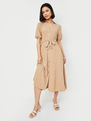 MAX Women A-line Brown Midi/Calf Length Dress