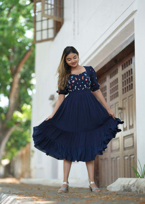 TANISHQGARMENTS Women A-line Blue Midi/Calf Length Dress