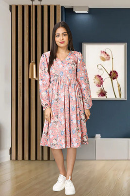 HOC's Women Fit and Flare Pink Knee Length Dress