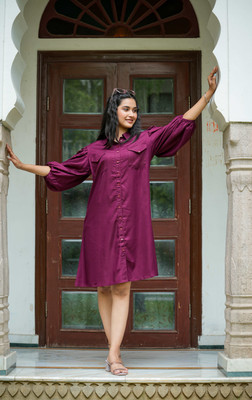 Yash Gallery Women A-line Purple Above Knee/Mid Thigh Length Dress