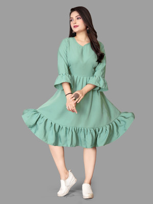 HouseOfCommon Women A-line Light Green Knee Length Dress