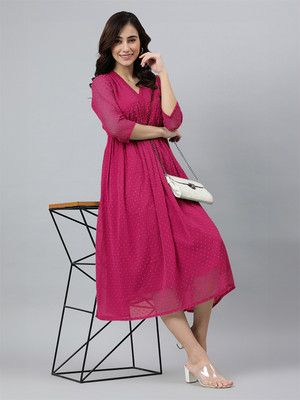 Janasya Women A-line Pink Midi/Calf Length Dress