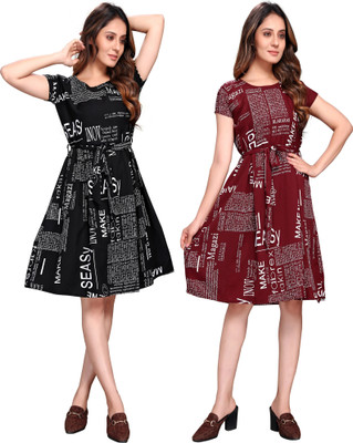 Gurudev Fashionn Women A-line White, Maroon, Black Knee Length Dress