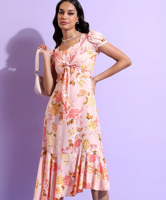 Tokyo Talkies Women Fit and Flare Pink Midi/Calf Length Dress