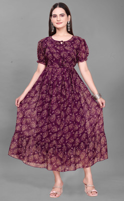 QUEUEE CREATION Women Fit and Flare Purple Midi/Calf Length Dress