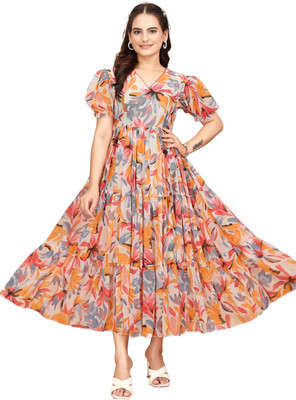 QUEUEE CREATION Women Fit and Flare Multicolor Maxi/Full Length Dress